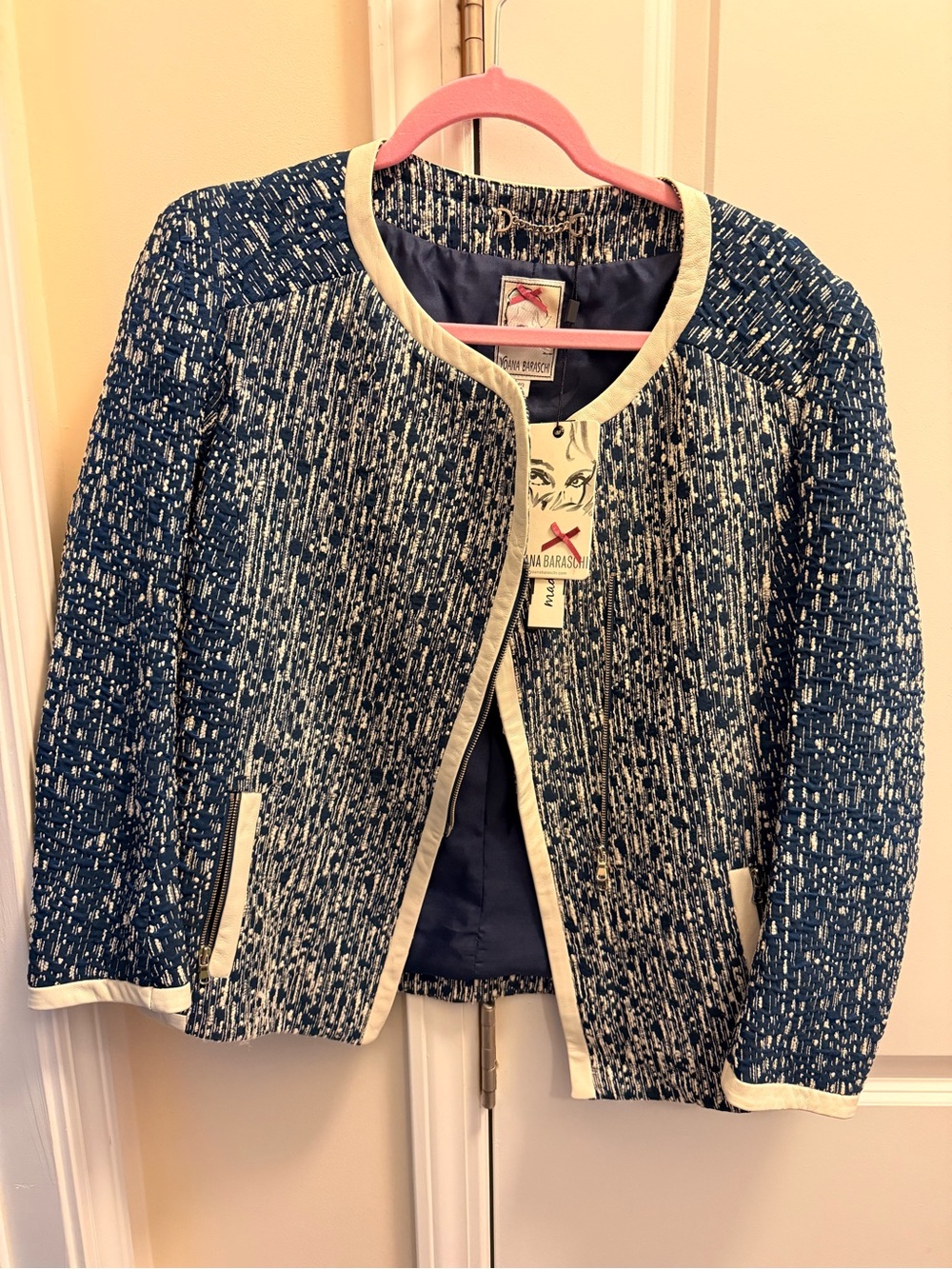 Blue Tweed Jacket with Cream Trim size 10